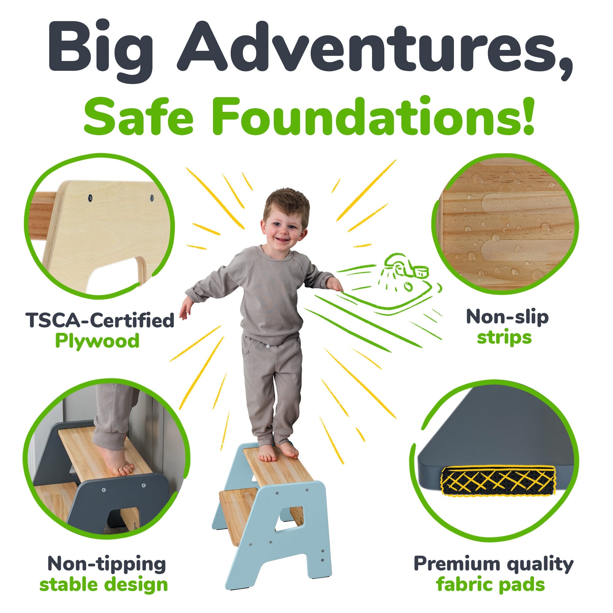 2-Step Wooden Stool for Toddlers(Step Stool for Children Ages 2+)